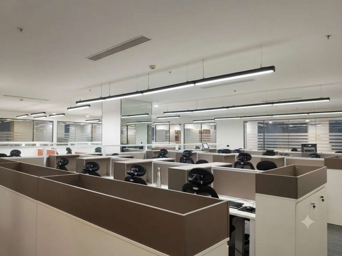 Open workstation layout at Zydus Wellness with glass partitions and integrated overhead storage