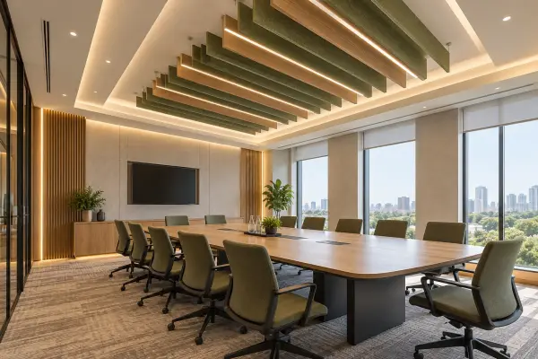 Meeting room with acoustic ceiling baffles