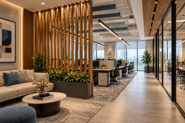Office layout with timber dividers separating shared seating from desks