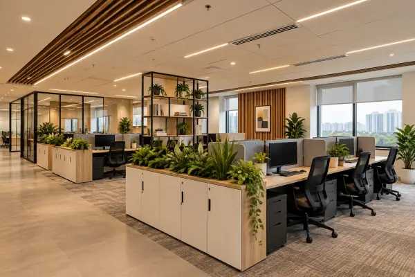 Open office with storage and planters separating workstation areas