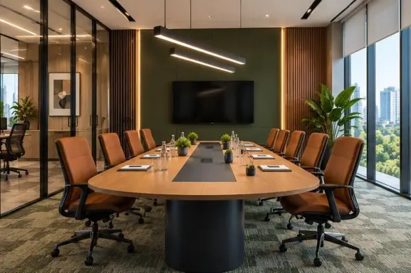 Office interior illustrating planned furniture and finishes