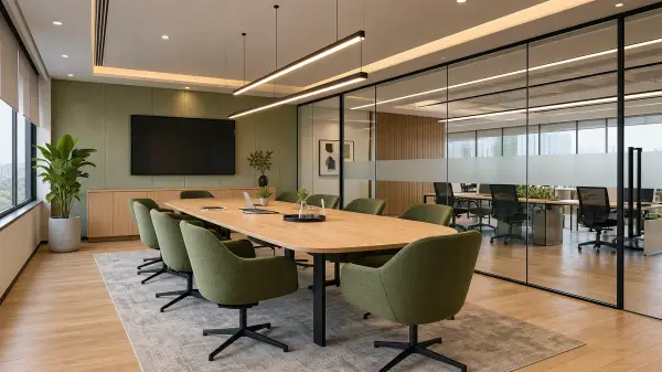 Large conference room with glass partitions and a presentation screen