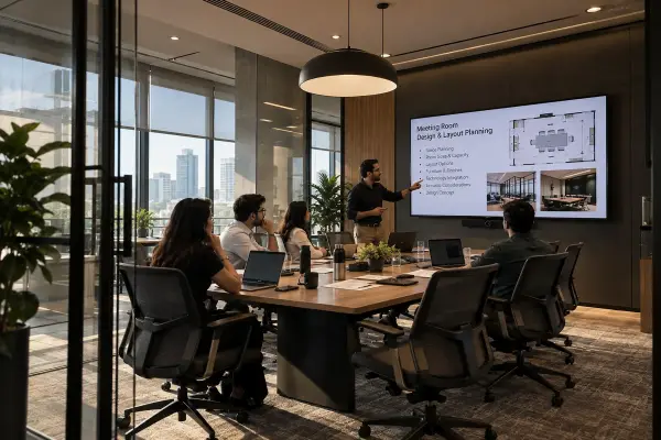 Office meeting room with a team discussion and presentation screen