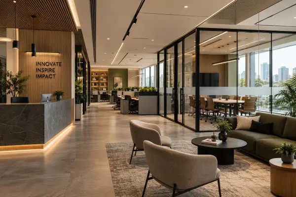 Office layout with glass meeting rooms and shared seating