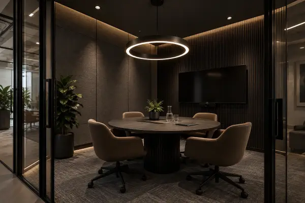 Small enclosed meeting room with a round table