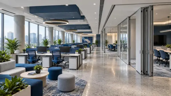 Flexible office with shared seating, workstations and movable meeting room partitions