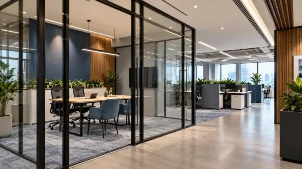 Glass meeting room beside open workstations