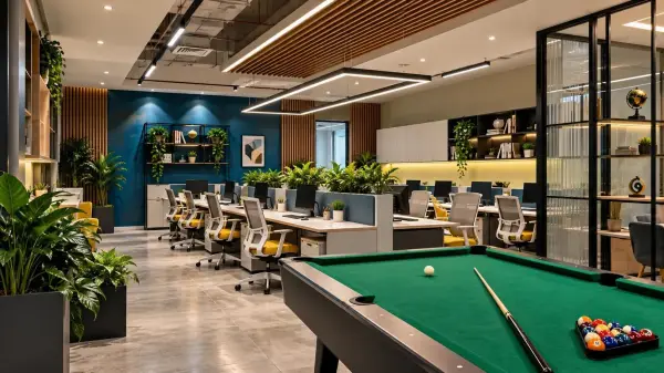 Modular workstations beside a breakout area with a pool table
