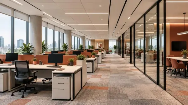 Open office with modular desks and glass meeting rooms
