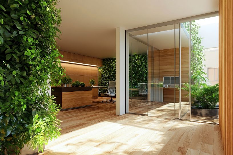 modern office design with natural wood floors