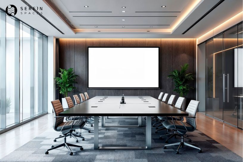 conference room with large screen that says conference
