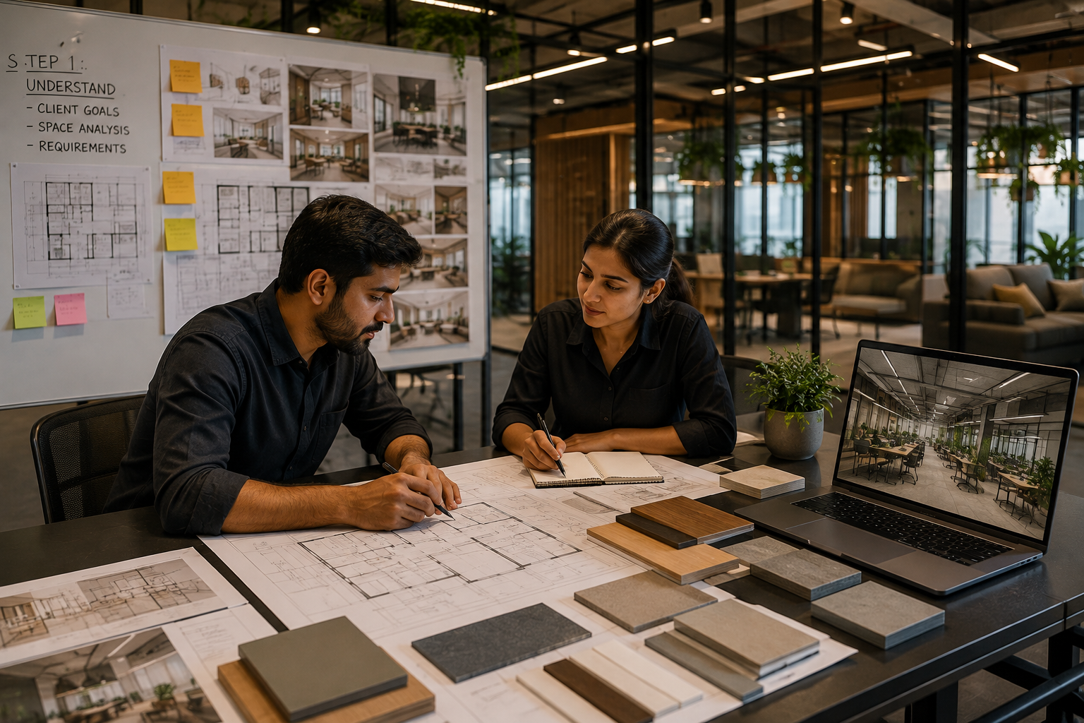 Corporate interior design planning session with drawings, material samples and office visualization