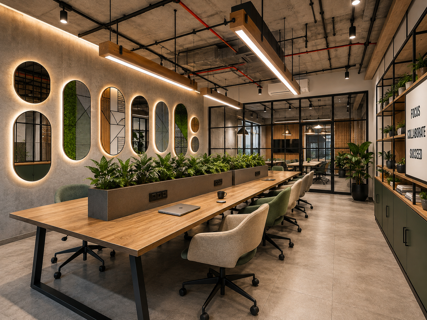 Modern corporate workspace with shared table, greenery, glass partitions and integrated lighting
