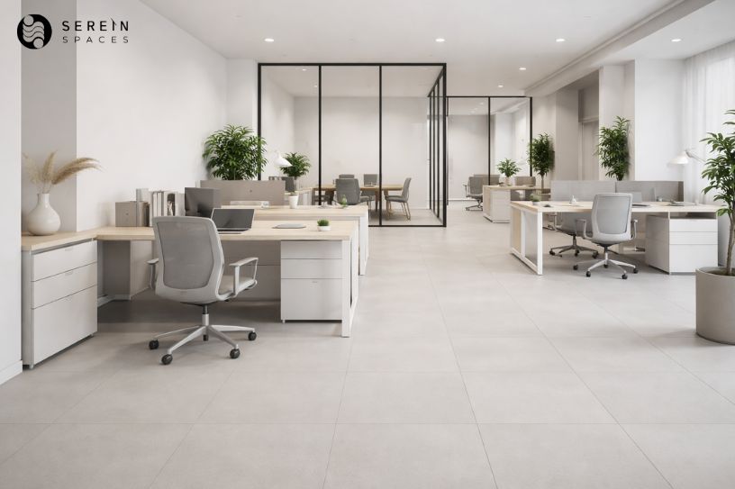 minimalist office interior design light floor tiles