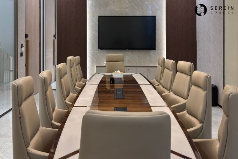 modern boardroom conference table design with leather chairs