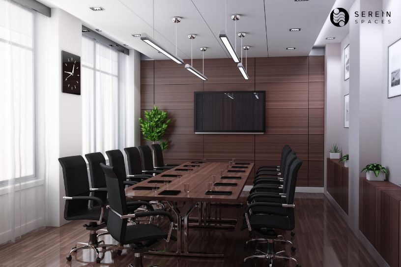 modern boardroom design with wooden wall and pendant lights