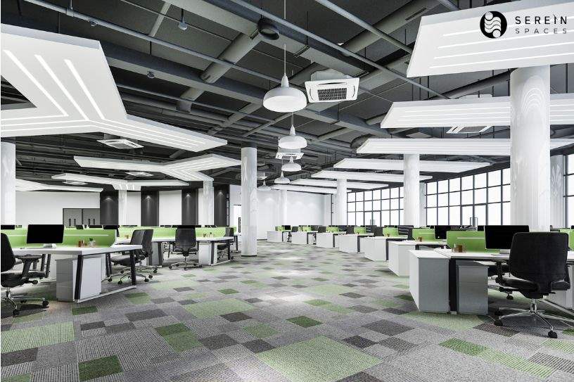 modern commercial office interior with acoustic ceiling design