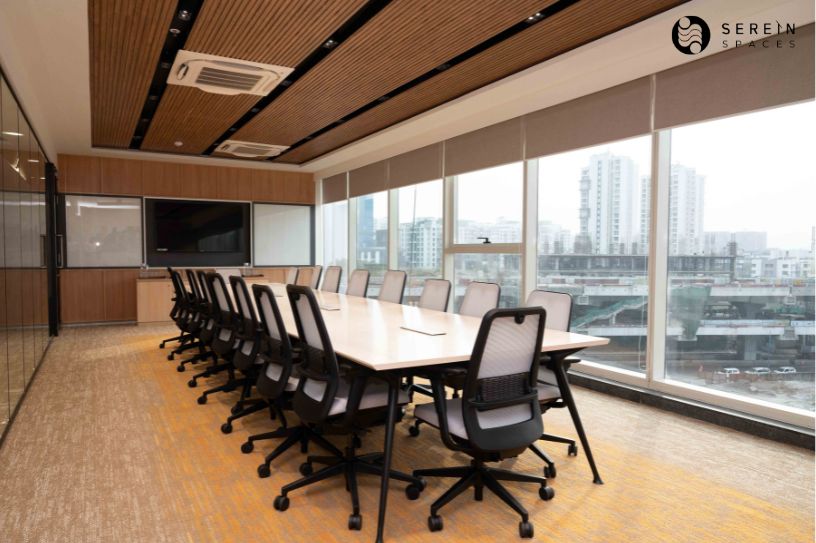 modern conference room with large windows and false ceiling design