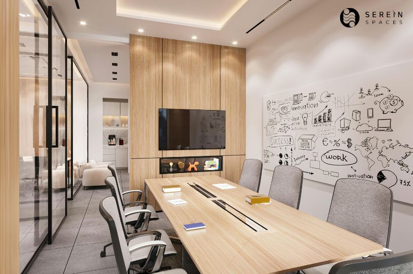 modern conference room with wood panel wall and whiteboard