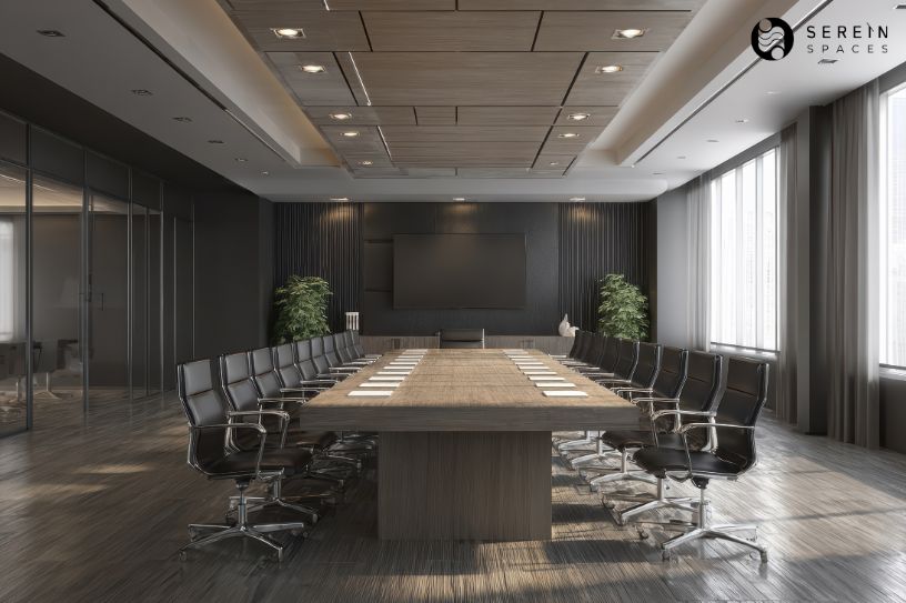 modern corporate boardroom with large conference table