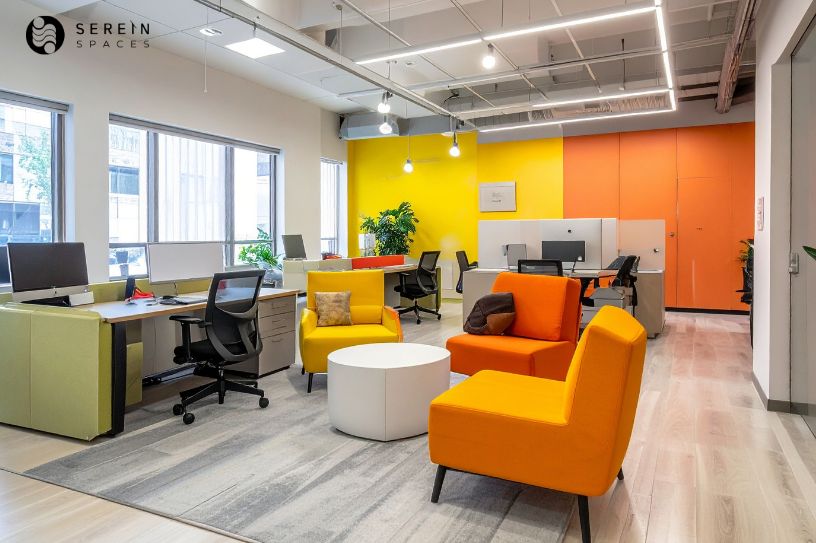 modern office interior with colorful workspace design
