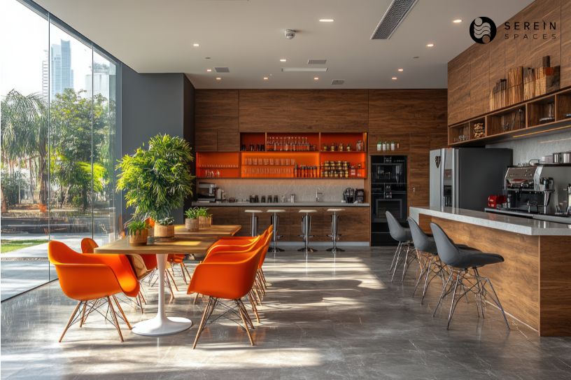 modern office kitchen with orange chairs wooden accents