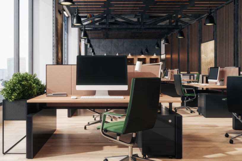 modern office workstation design with industrial lighting