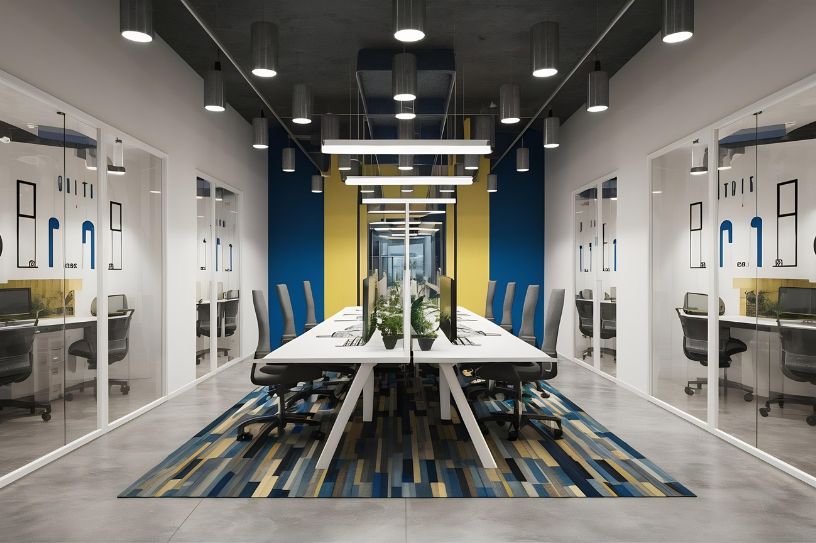 modern style workplace white color with blue yellow