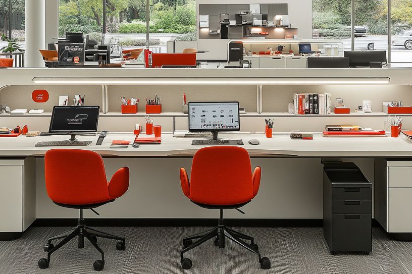 modern style workplace white color with blue yellow