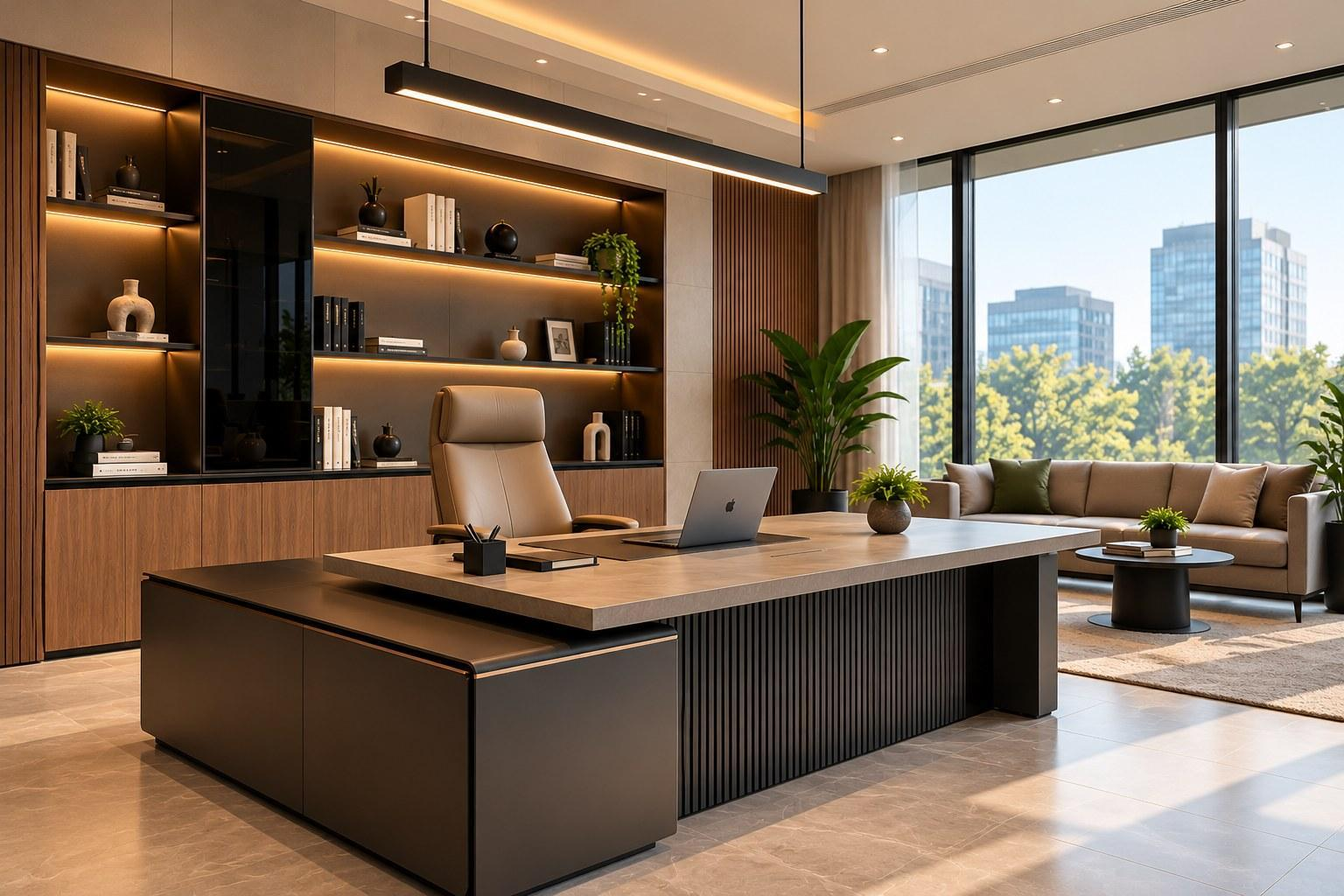 Executive office with desk, storage wall and lounge seating