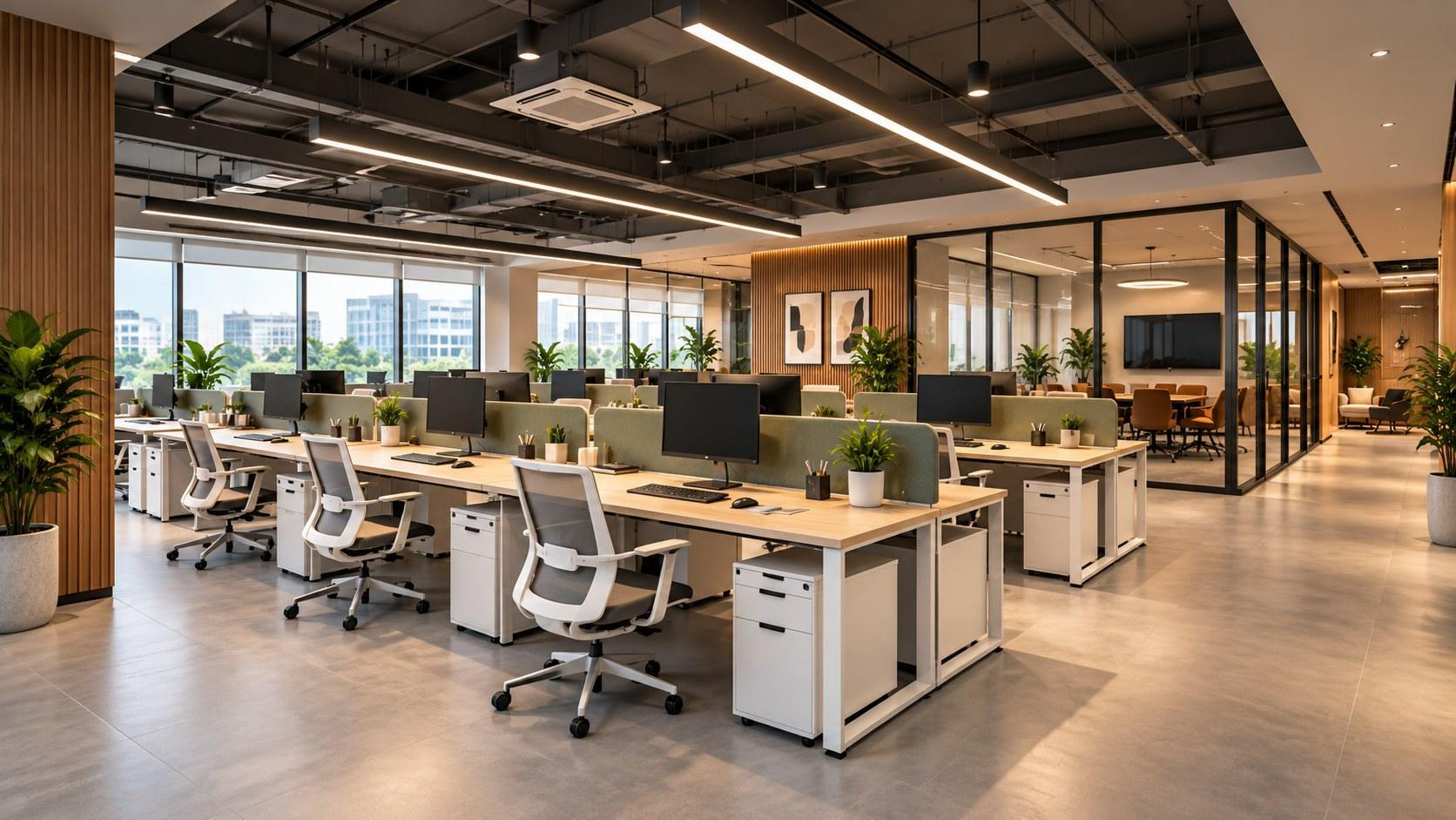 Open workspace with modular desks, ergonomic chairs and clear walkways