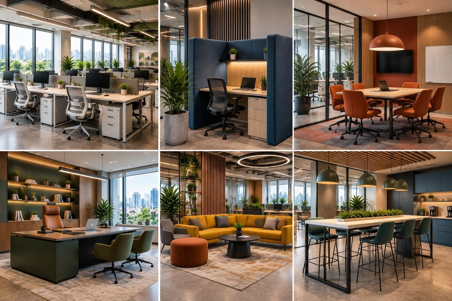 Collage of office workstations, private booths, meeting rooms and breakout seating