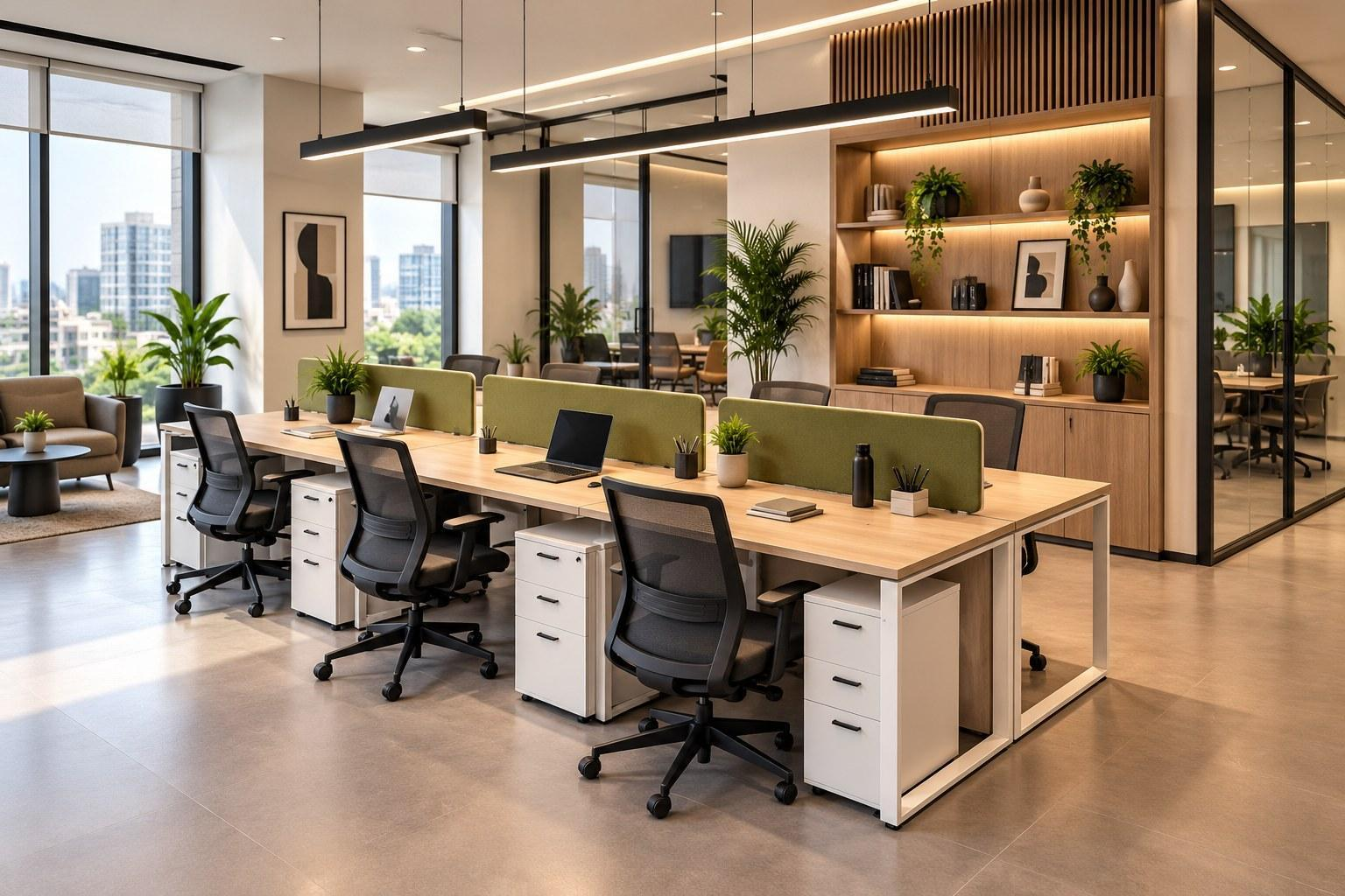 Open office with shared desks, ergonomic chairs, storage and plants