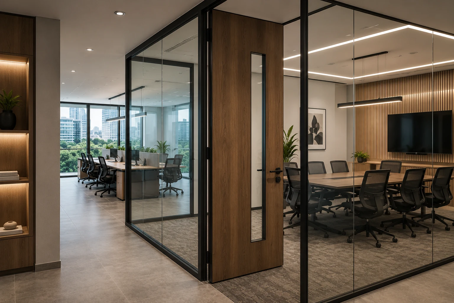 Modern office interior with glass doors, glass partitions and meeting rooms