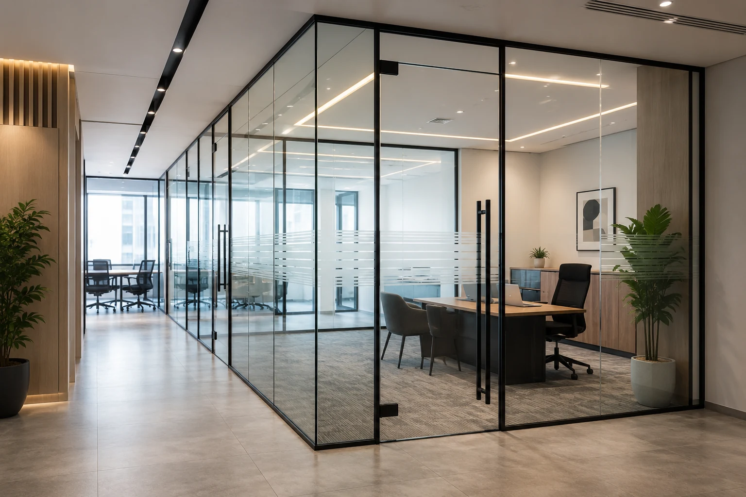 Office glass doors and glass partitions with privacy frosting