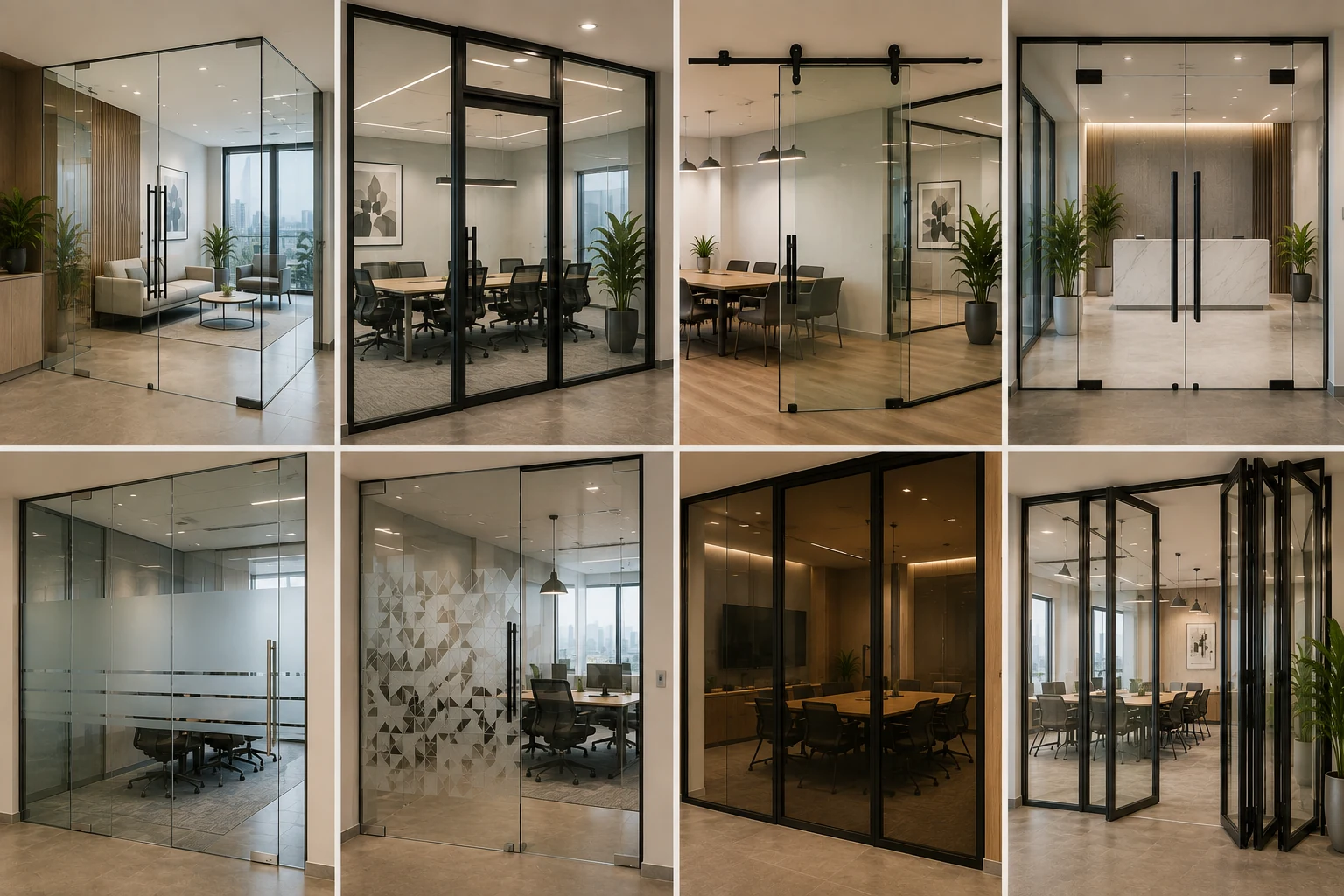 Modern office glass door design ideas including frameless, sliding, frosted and framed doors