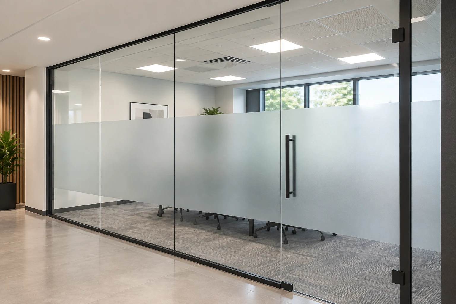 Frosted glass office door and meeting room partition