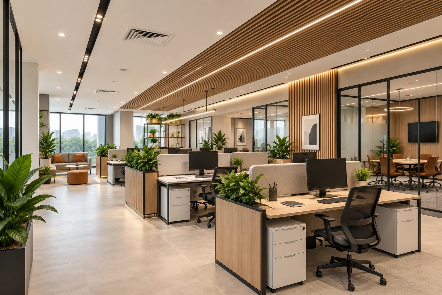 Modern office interior with desks and glass meeting rooms