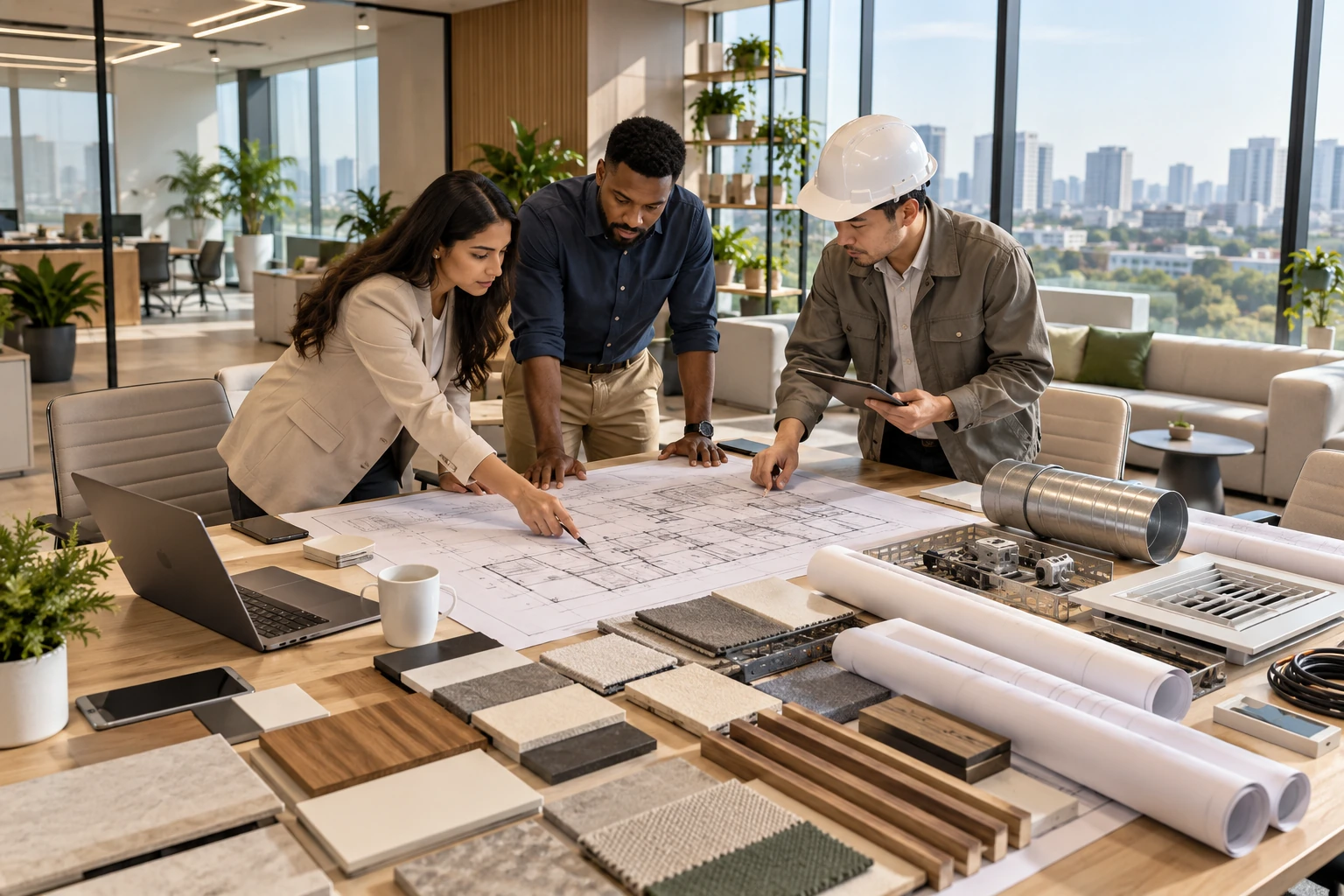 Office interior team reviewing project plans and materials