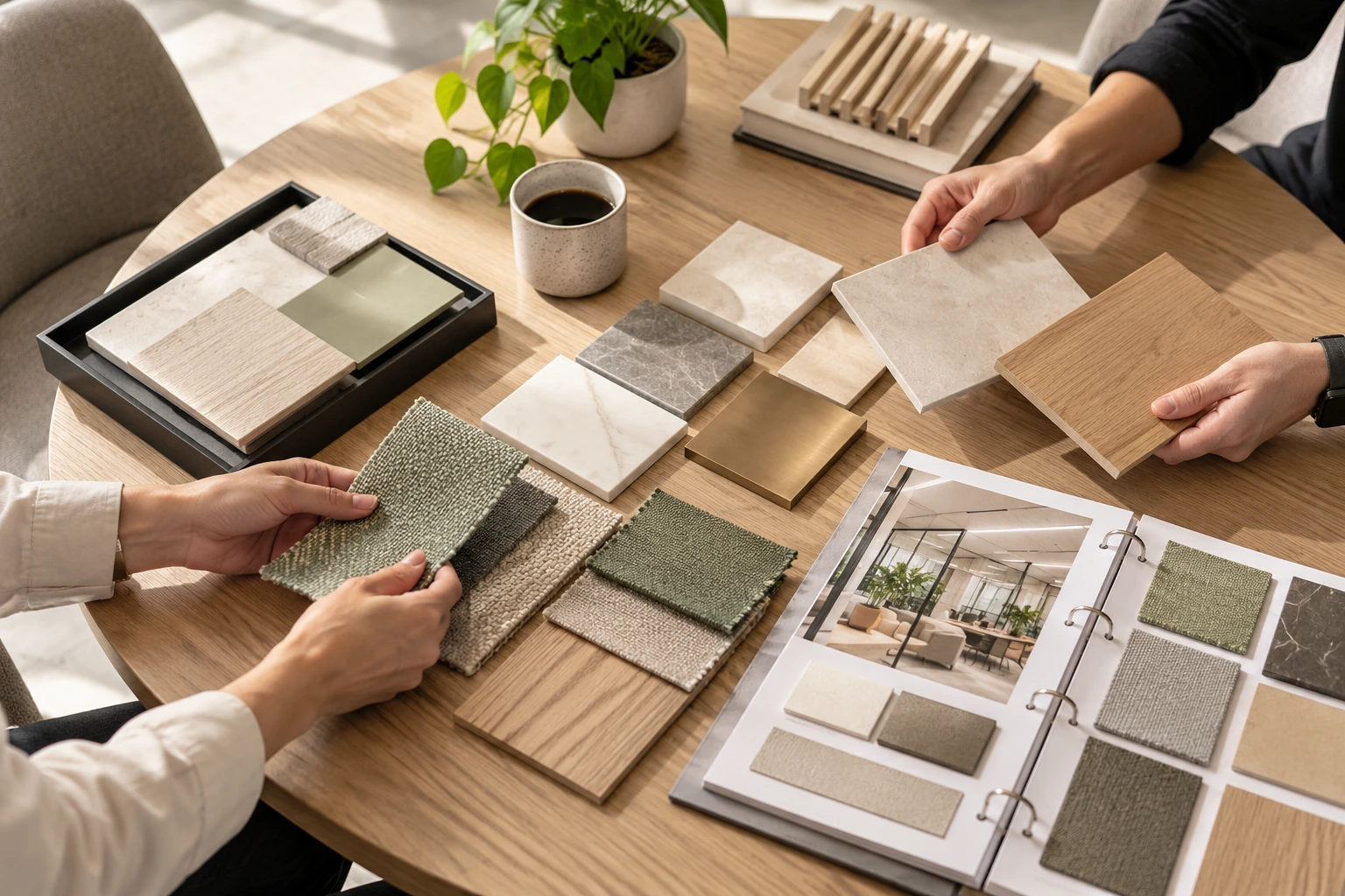 Material samples being reviewed for office interior design