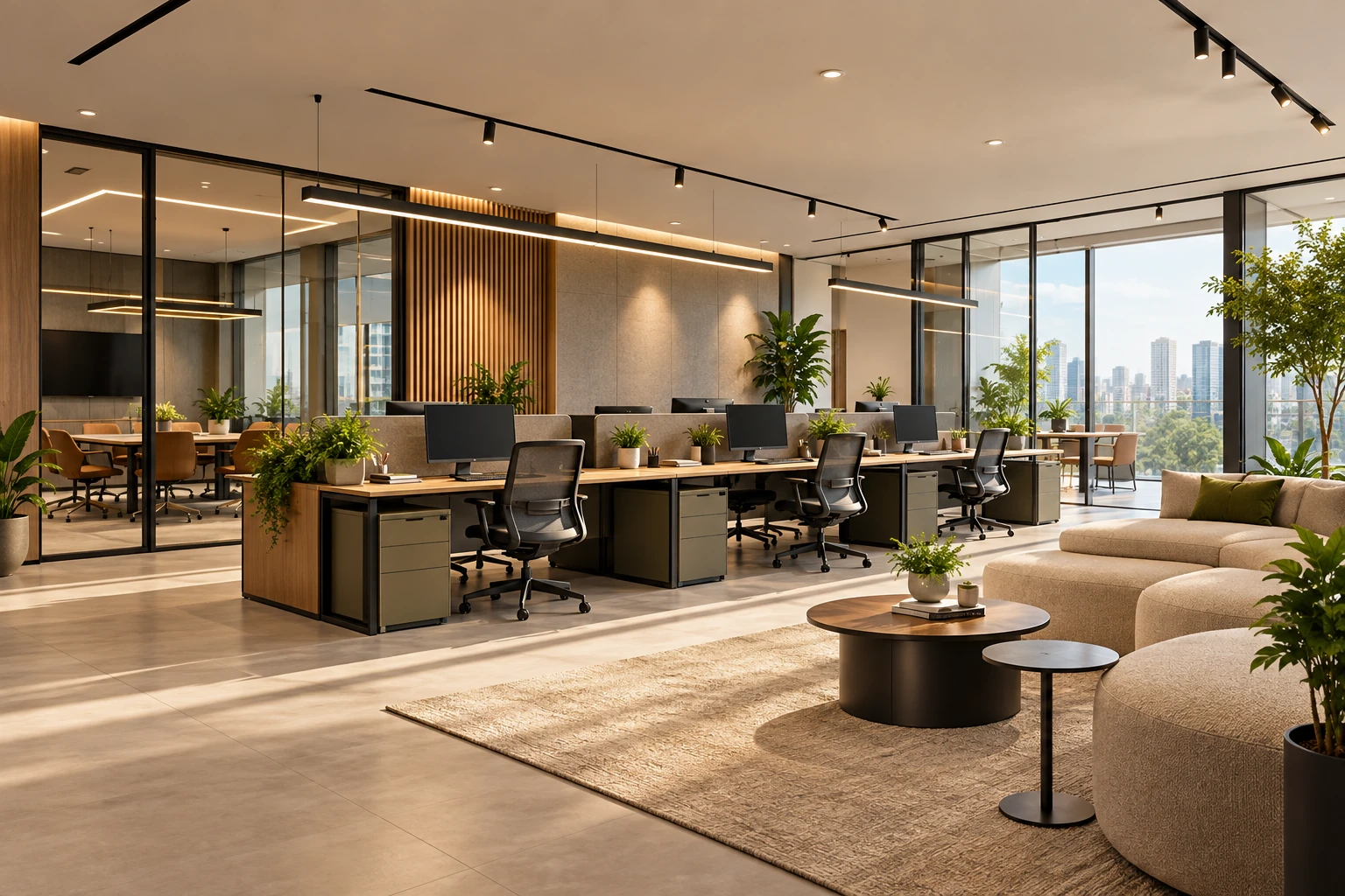 Finished modern office interior with lounge and workstations