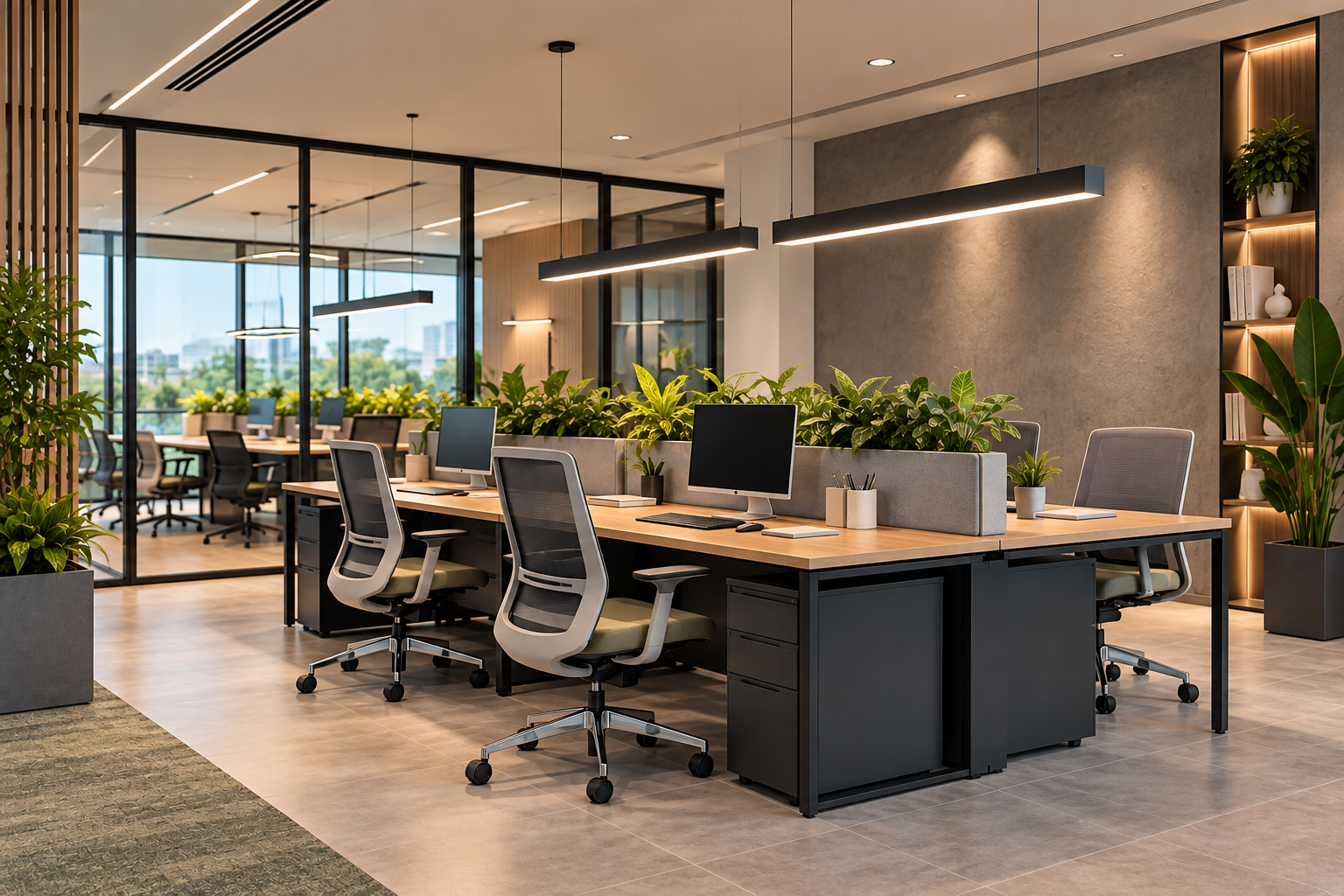Open office workstations with desk screens, plants and glass meeting-room partitions