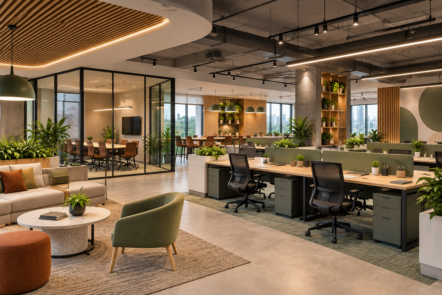 Office layout combining shared desks, lounge seating and glass-enclosed rooms
