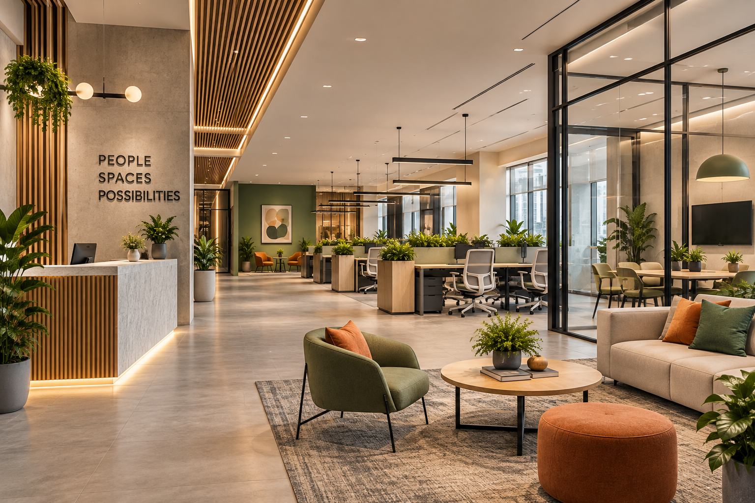Office reception and breakout seating beside workstations and glass meeting rooms