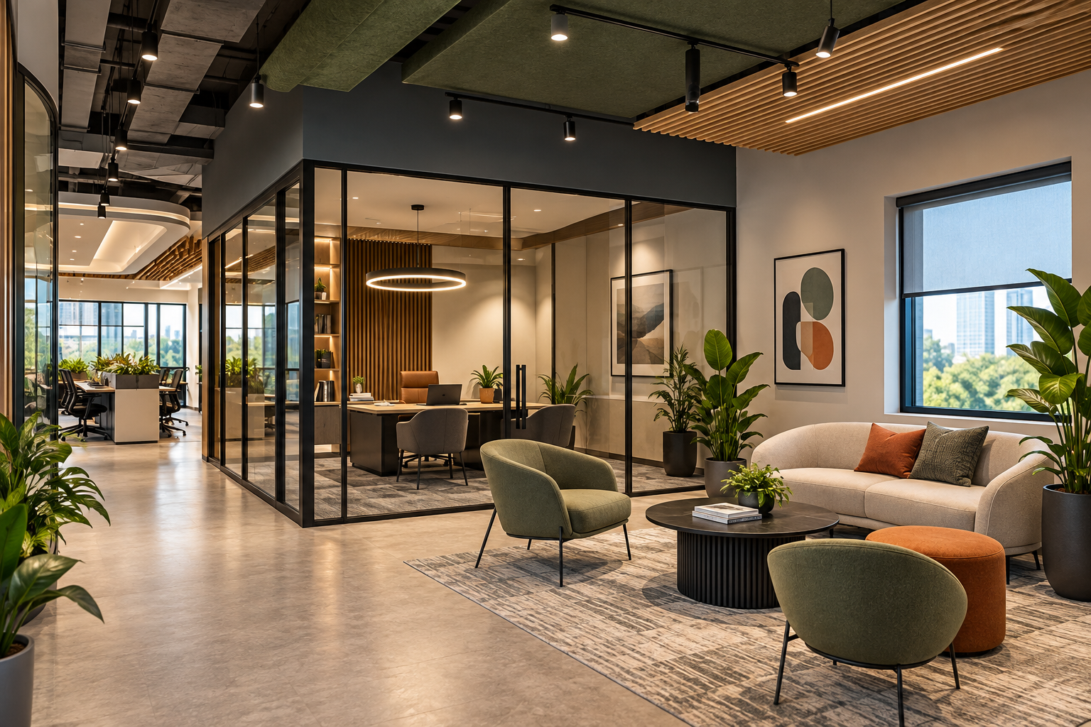 Office breakout lounge with armchairs and sofa beside a glass-enclosed meeting room