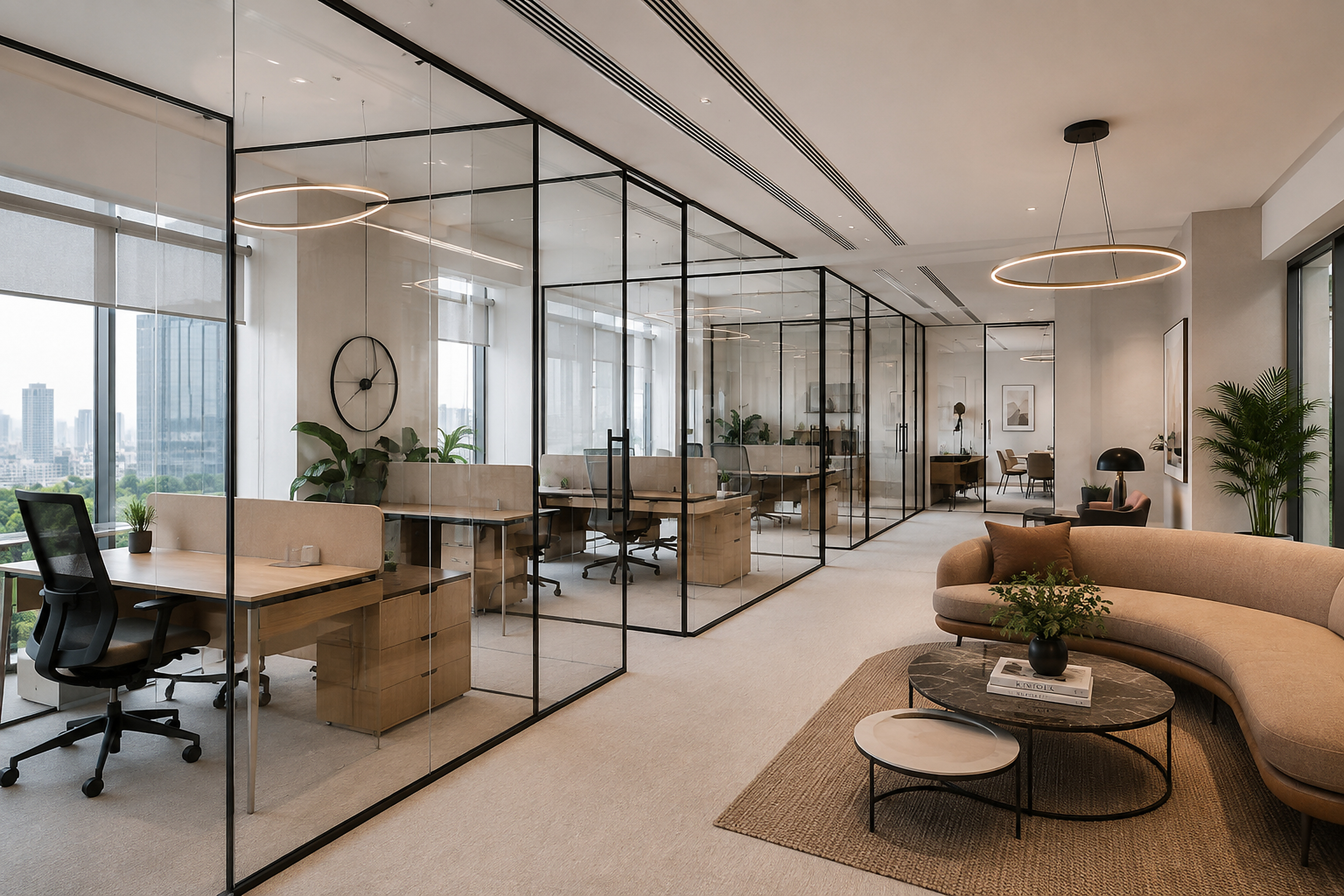 Office glass partition design creating private cabins while maintaining natural light and visual openness