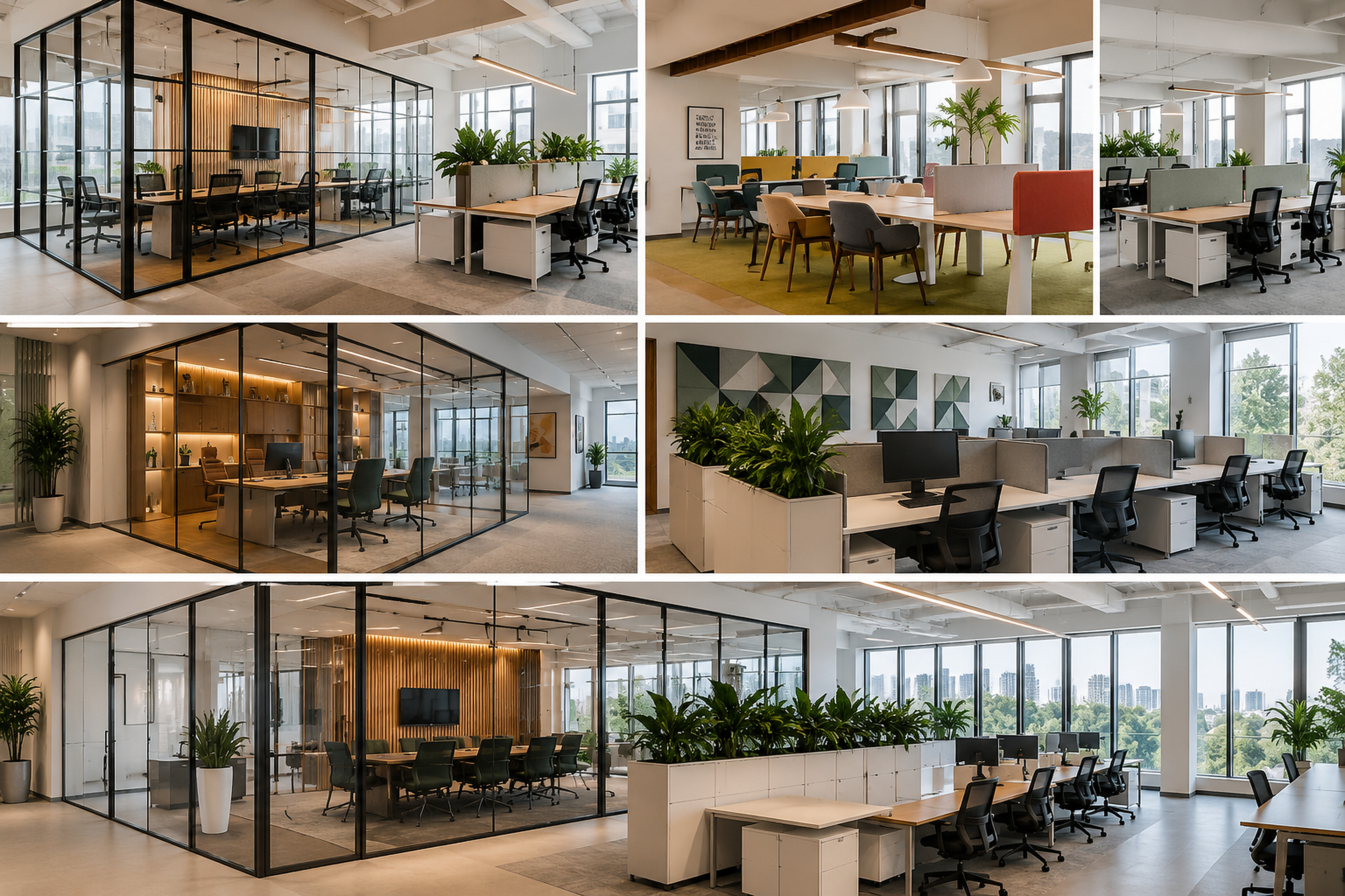 Modern office partition design with glass cabins, open workstations and collaborative office spaces