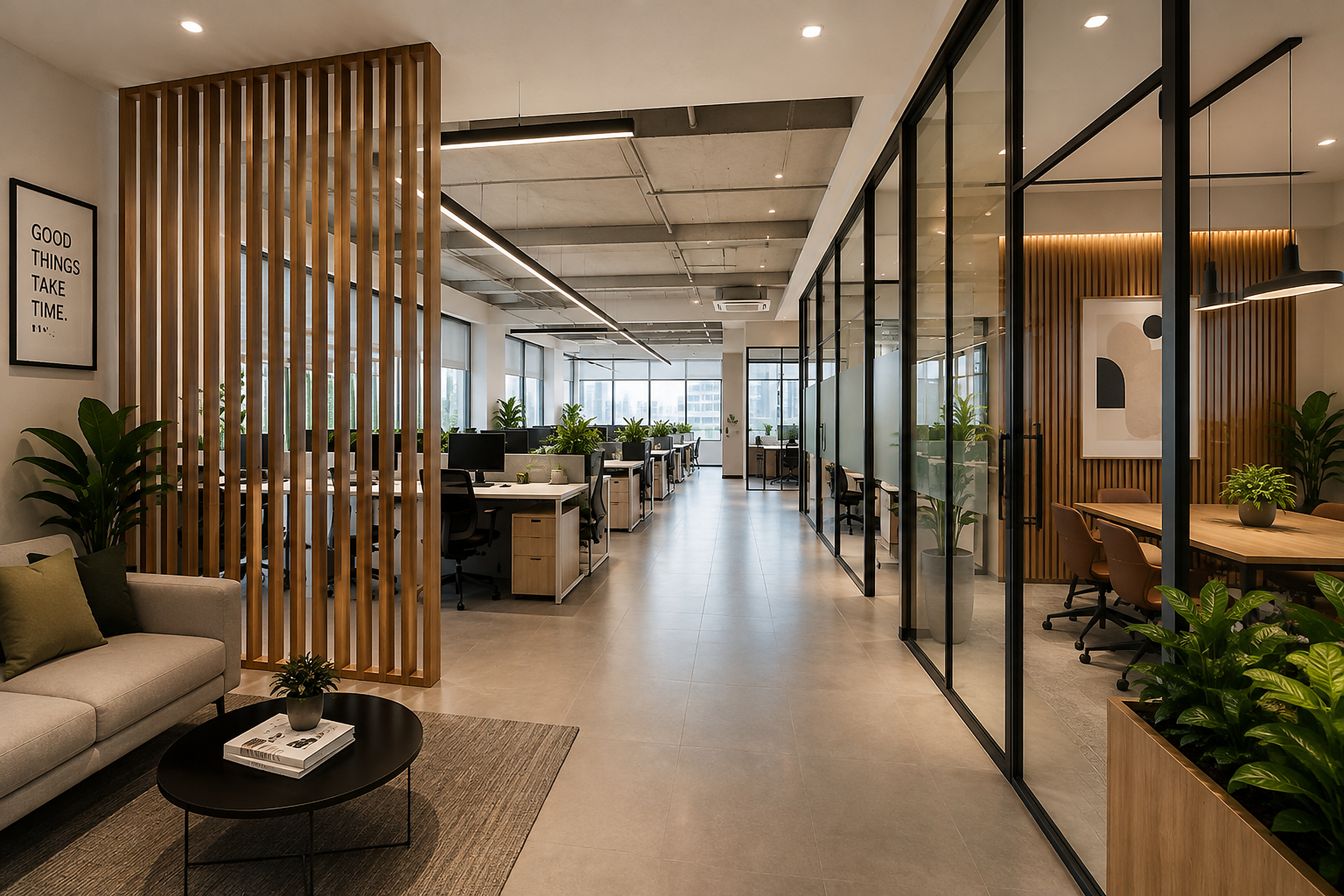 Wooden and glass office partition design with vertical timber slats and black framed glass cabins