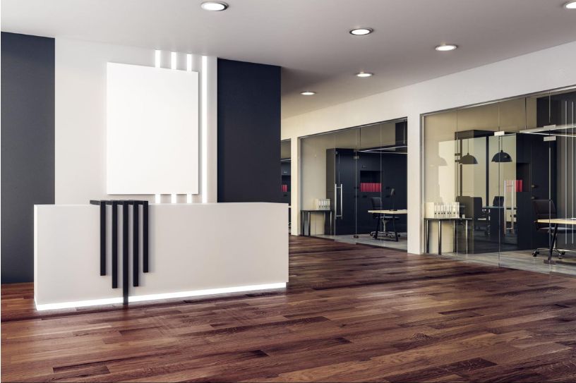 office reception with glass cabins