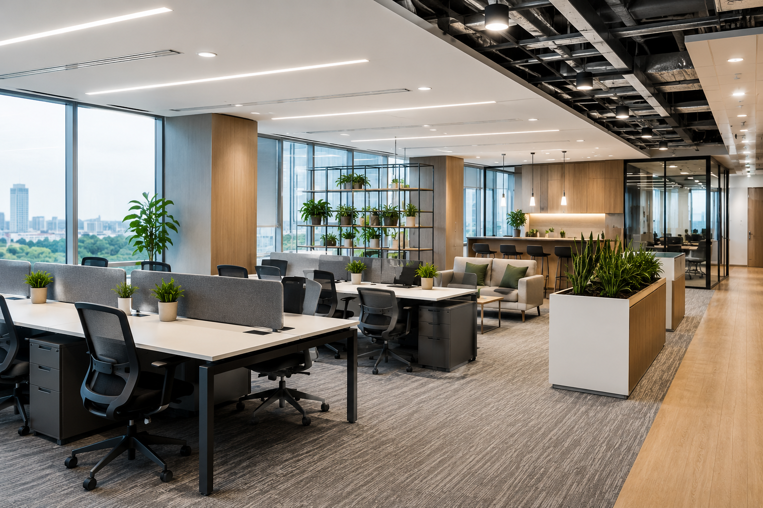 Modern corporate office workspace with meeting and collaboration areas